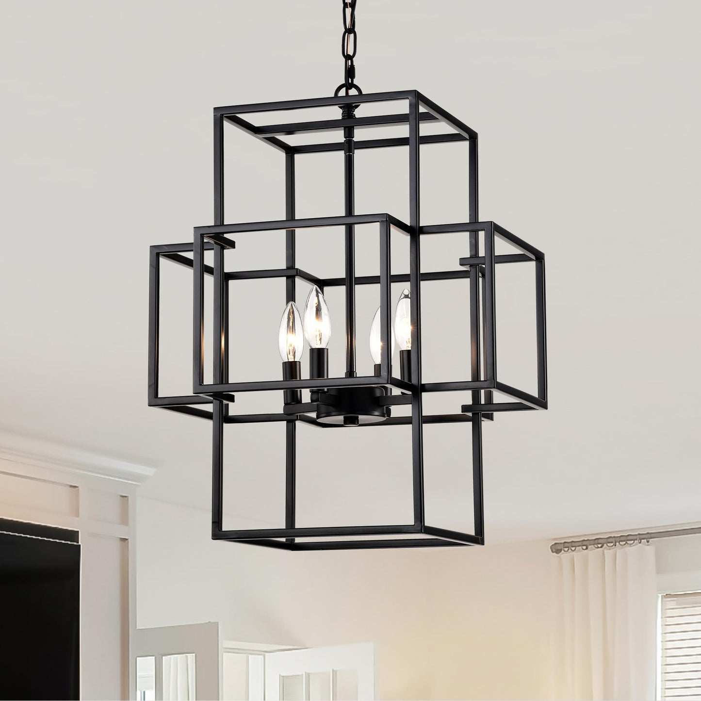 4-Light Metal Lantern Tiered Pendant Hanging Light Fixtures, Industrial Farmhouse Adjustable Height Chandeliers for Dining Room Hallway Foyer Entryway--Matte Black (E12 Bulbs Not Included)