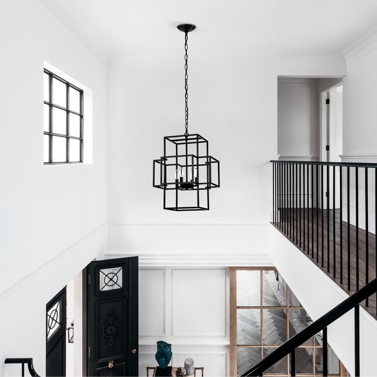 4-Light Metal Lantern Tiered Pendant Hanging Light Fixtures, Industrial Farmhouse Adjustable Height Chandeliers for Dining Room Hallway Foyer Entryway--Matte Black (E12 Bulbs Not Included)