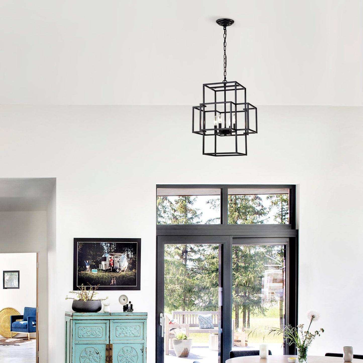 4-Light Metal Lantern Tiered Pendant Hanging Light Fixtures, Industrial Farmhouse Adjustable Height Chandeliers for Dining Room Hallway Foyer Entryway--Matte Black (E12 Bulbs Not Included)