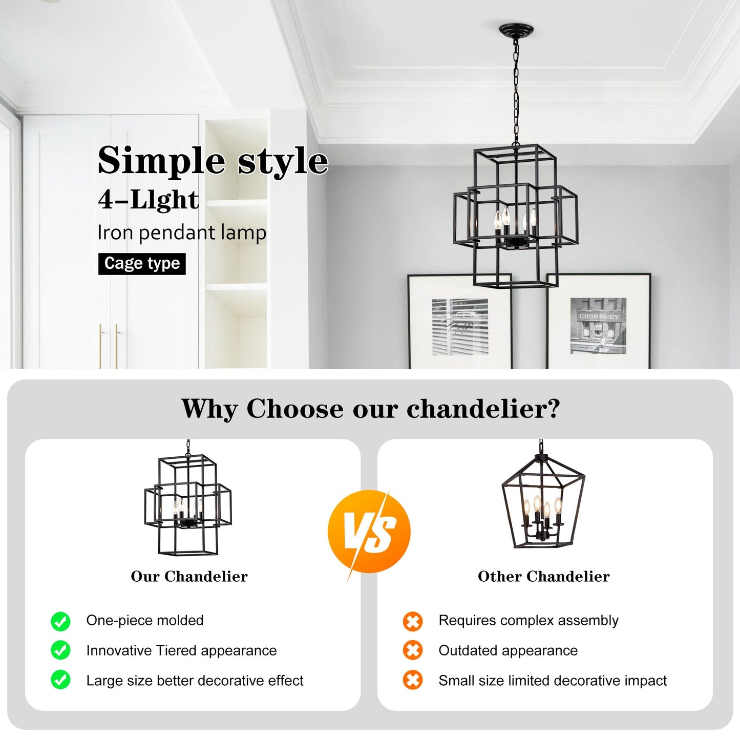 4-Light Metal Lantern Tiered Pendant Hanging Light Fixtures, Industrial Farmhouse Adjustable Height Chandeliers for Dining Room Hallway Foyer Entryway--Matte Black (E12 Bulbs Not Included)