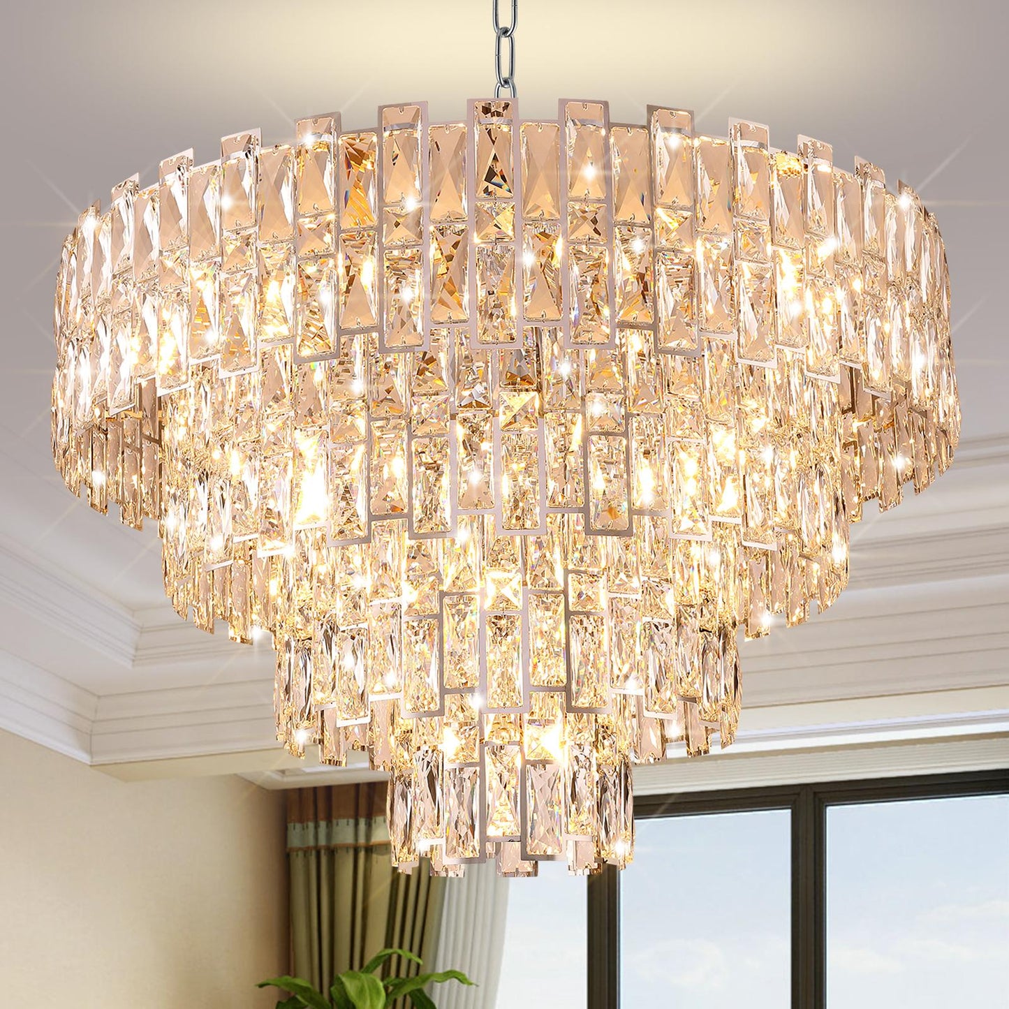 Chrome Luxury Crystal Chandelier for Dining Room, 32-Inch Modern Ceiling Light, French Empire Style with Premium K9 Crystals, Elegant Chrome Finish, Perfect for Living Room or Bedroom, 21-Light Fixtur