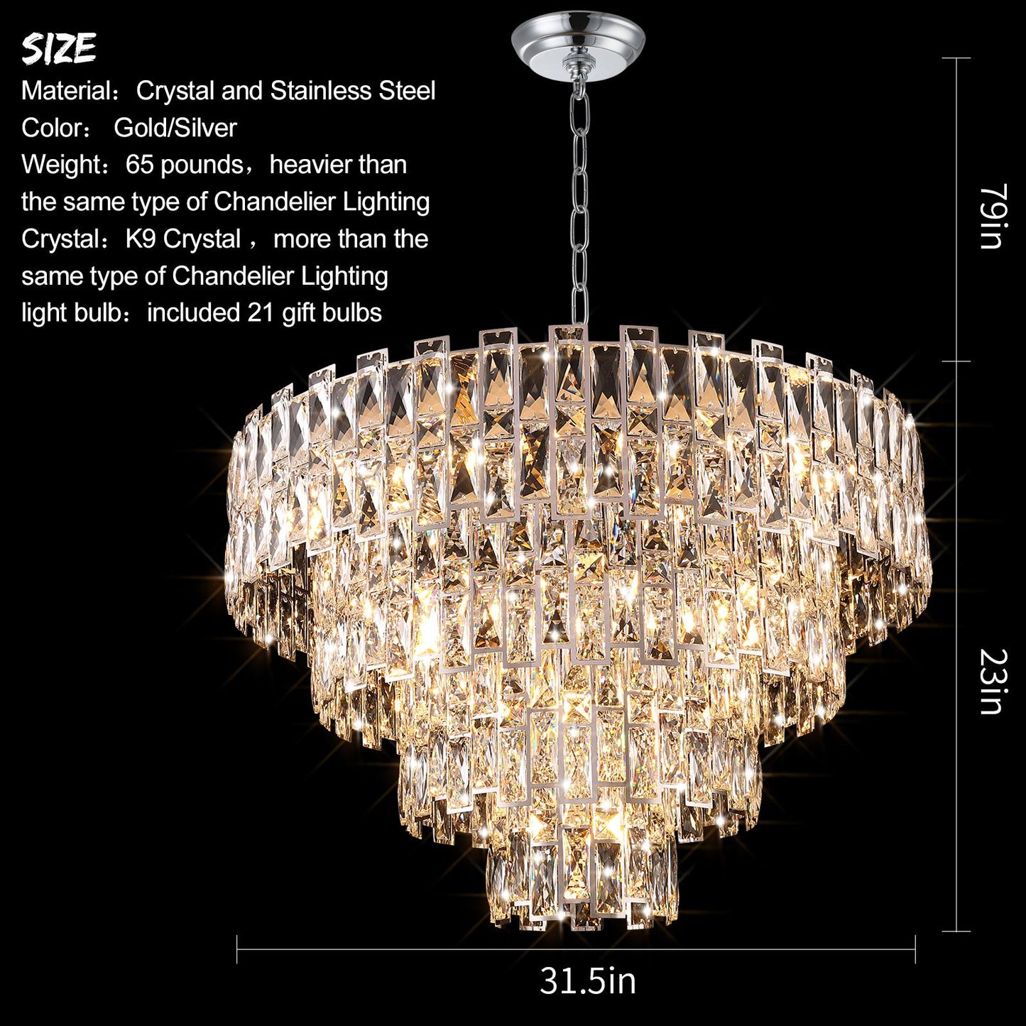 Chrome Luxury Crystal Chandelier for Dining Room, 32-Inch Modern Ceiling Light, French Empire Style with Premium K9 Crystals, Elegant Chrome Finish, Perfect for Living Room or Bedroom, 21-Light Fixtur