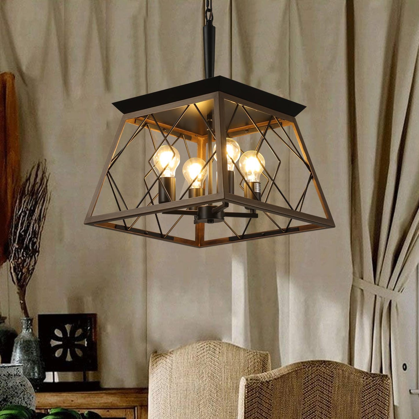 (Same as W1340111202/L1008) 16" Walnut Industrial 4-Light Pendant Chandelier, Modern Metal Cage Design, Adjustable Hanging Light for Dining Room, Kitchen, Living Room (No Bulbs)