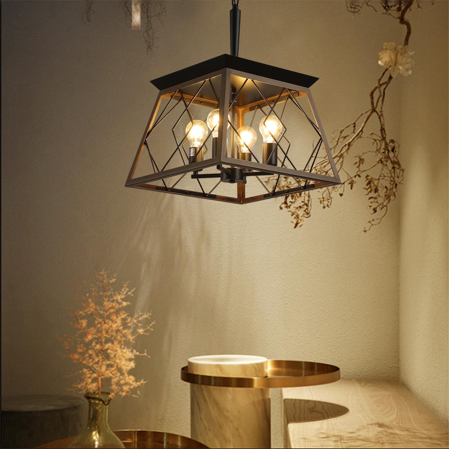 (Same as W1340111202/L1008) 16" Walnut Industrial 4-Light Pendant Chandelier, Modern Metal Cage Design, Adjustable Hanging Light for Dining Room, Kitchen, Living Room (No Bulbs)