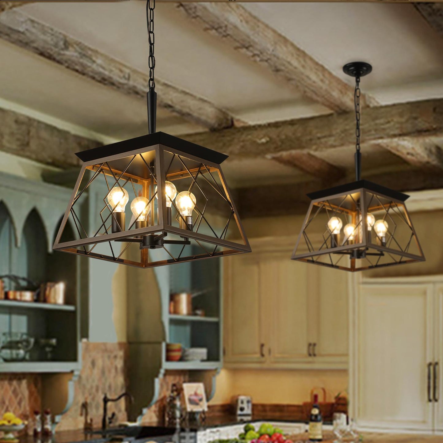 (Same as W1340111202/L1008) 16" Walnut Industrial 4-Light Pendant Chandelier, Modern Metal Cage Design, Adjustable Hanging Light for Dining Room, Kitchen, Living Room (No Bulbs)