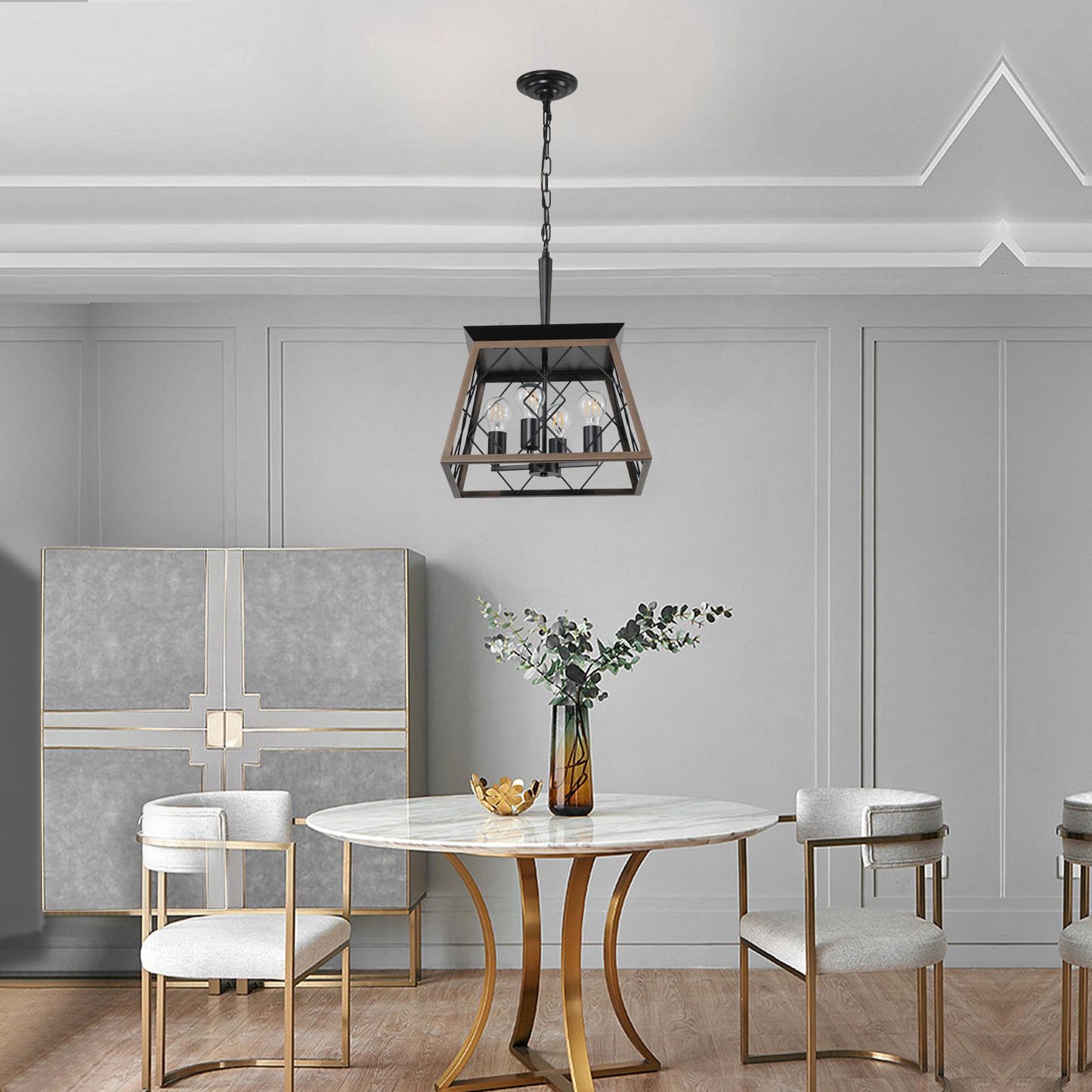 (Same as W1340111202/L1008) 16" Walnut Industrial 4-Light Pendant Chandelier, Modern Metal Cage Design, Adjustable Hanging Light for Dining Room, Kitchen, Living Room (No Bulbs)