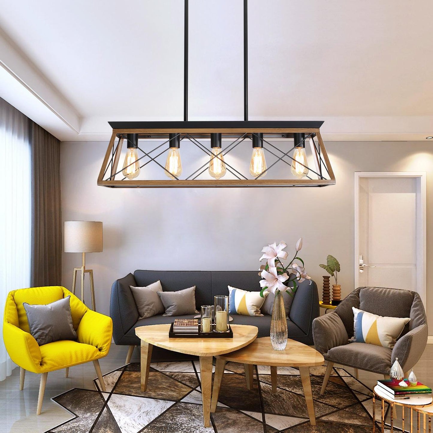 (Same as W134067498/L1003) 32" Walnut Industrial 5-Light Pendant Chandelier, Modern Metal Cage Design, Adjustable Hanging Light for Dining Room, Kitchen, Living Room (No Bulbs)