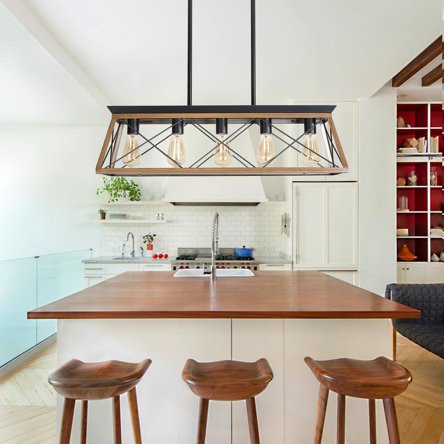 (Same as W134067498/L1003) 32" Walnut Industrial 5-Light Pendant Chandelier, Modern Metal Cage Design, Adjustable Hanging Light for Dining Room, Kitchen, Living Room (No Bulbs)