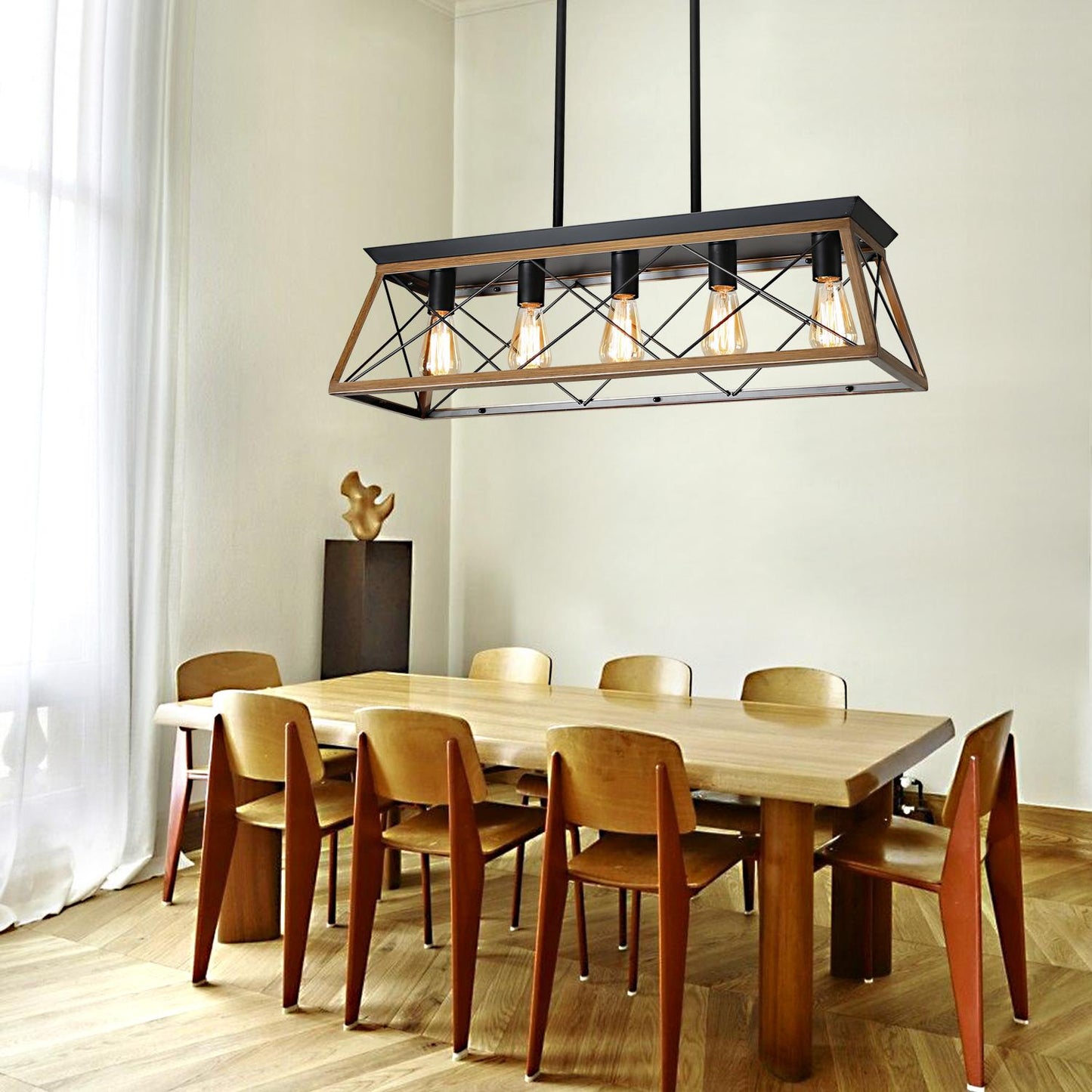 (Same as W134067498/L1003) 32" Walnut Industrial 5-Light Pendant Chandelier, Modern Metal Cage Design, Adjustable Hanging Light for Dining Room, Kitchen, Living Room (No Bulbs)