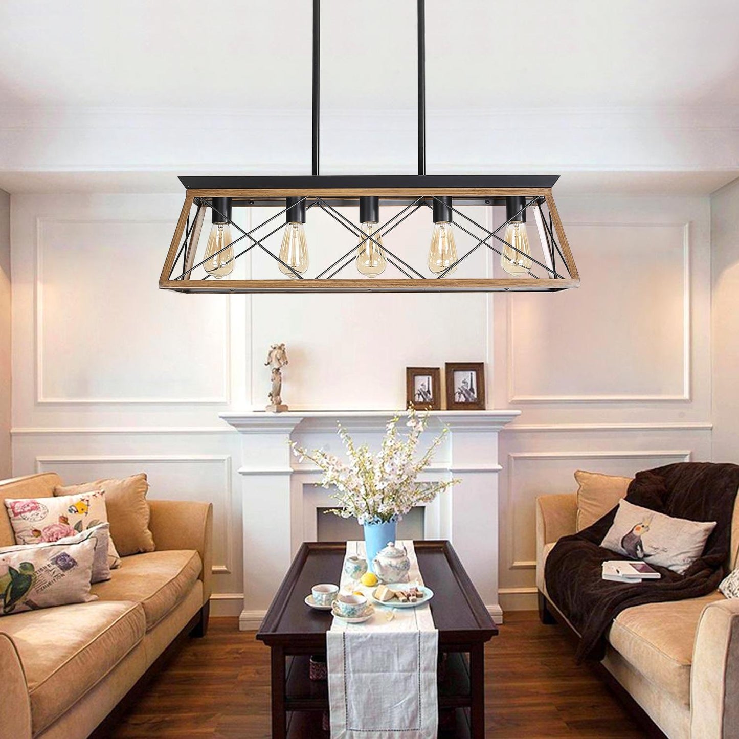 (Same as W134067498/L1003) 32" Walnut Industrial 5-Light Pendant Chandelier, Modern Metal Cage Design, Adjustable Hanging Light for Dining Room, Kitchen, Living Room (No Bulbs)