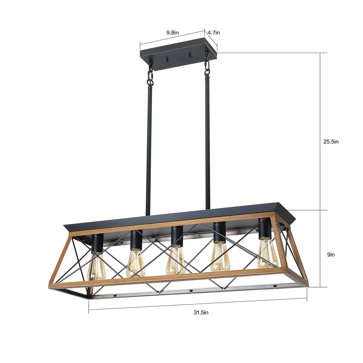 (Same as W134067498/L1003) 32" Walnut Industrial 5-Light Pendant Chandelier, Modern Metal Cage Design, Adjustable Hanging Light for Dining Room, Kitchen, Living Room (No Bulbs)