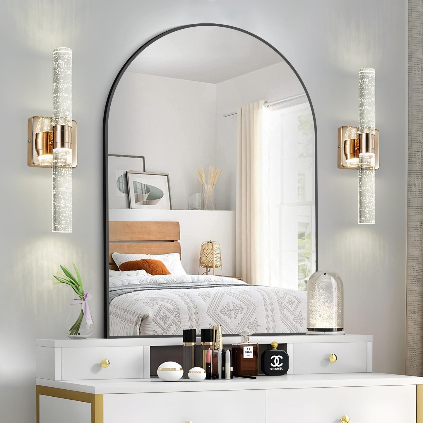 17"(H) Contemporary Crystal Wall Light, Gold Plating Finish with Bubble Crystal, 2-Light Sconce for Bathroom, Bedroom, Hallway – Modern Indoor Lighting Fixture