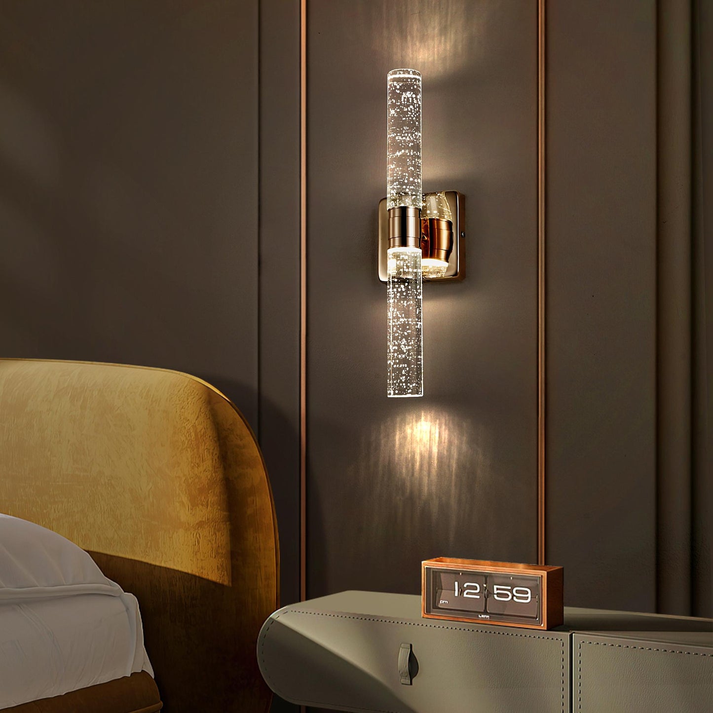 17"(H) Contemporary Crystal Wall Light, Gold Plating Finish with Bubble Crystal, 2-Light Sconce for Bathroom, Bedroom, Hallway – Modern Indoor Lighting Fixture