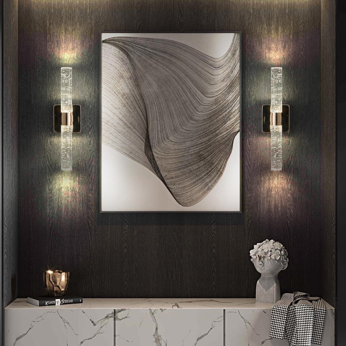 17"(H) Contemporary Crystal Wall Light, Gold Plating Finish with Bubble Crystal, 2-Light Sconce for Bathroom, Bedroom, Hallway – Modern Indoor Lighting Fixture
