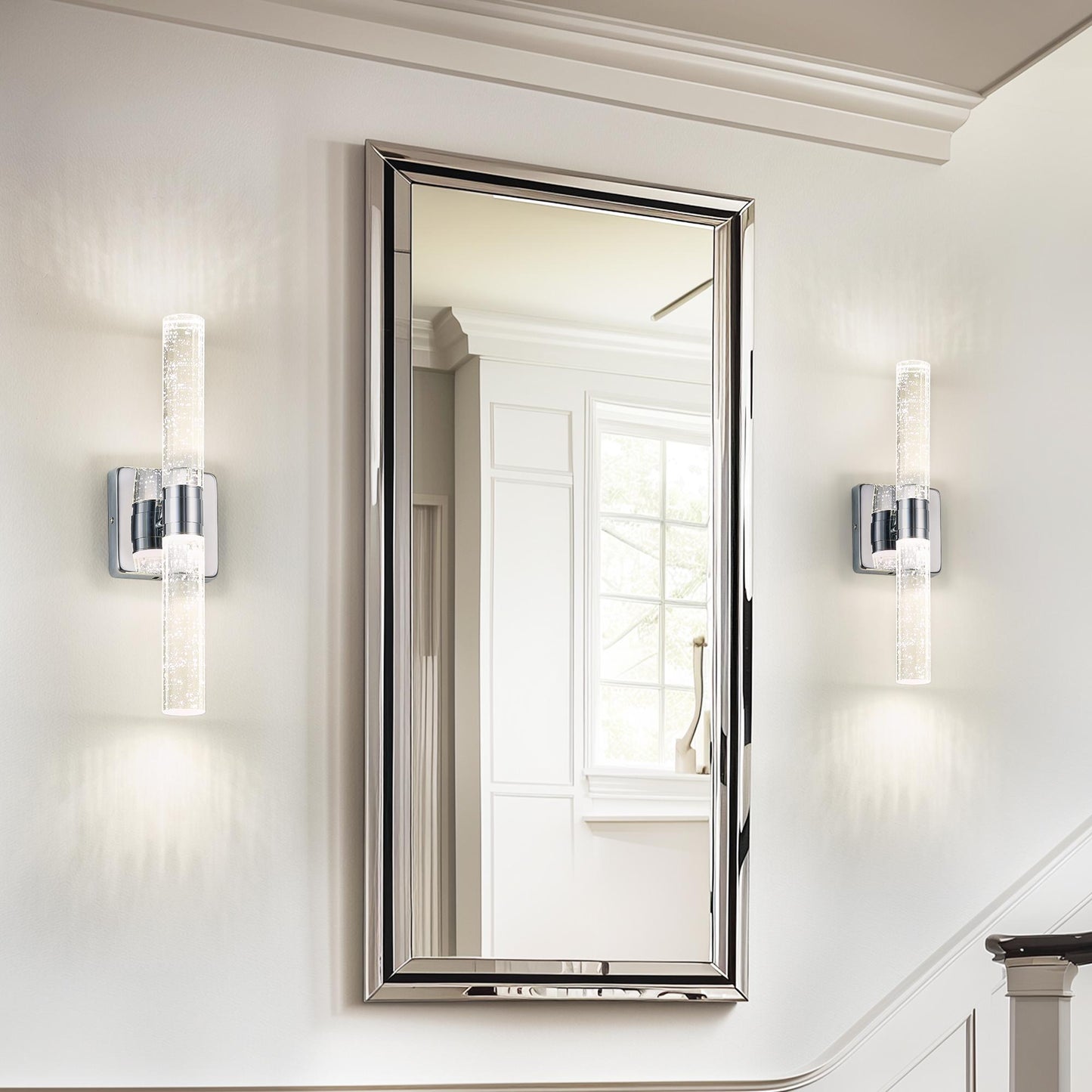 17"(H) Contemporary Crystal Wall Light, Chrome Finish with Bubble Crystal, 2-Light Sconce for Bathroom, Bedroom, Hallway – Modern Indoor Lighting Fixture