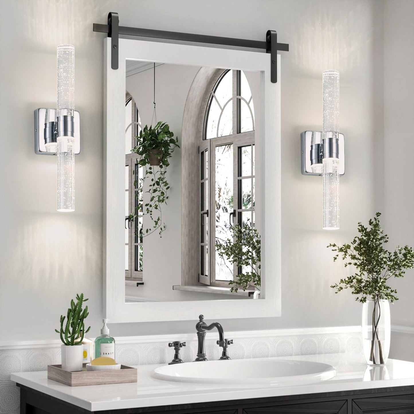 17"(H) Contemporary Crystal Wall Light, Chrome Finish with Bubble Crystal, 2-Light Sconce for Bathroom, Bedroom, Hallway – Modern Indoor Lighting Fixture