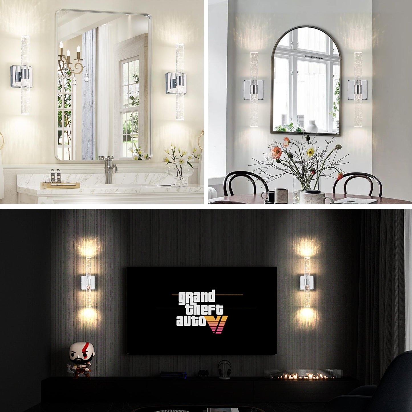 17"(H) Contemporary Crystal Wall Light, Chrome Finish with Bubble Crystal, 2-Light Sconce for Bathroom, Bedroom, Hallway – Modern Indoor Lighting Fixture