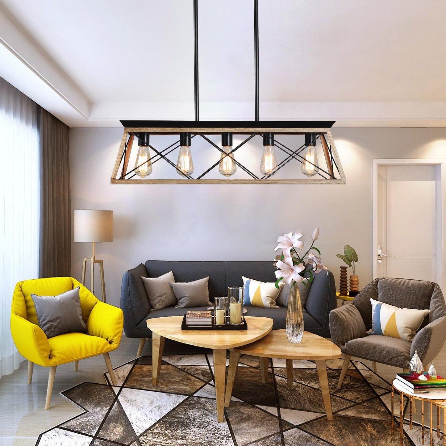 (Same as W134067497/L1002) 32" Oak Industrial 5-Light Pendant Chandelier, Modern Metal Cage Design, Adjustable Hanging Light for Dining Room, Kitchen, Living Room (No Bulbs)