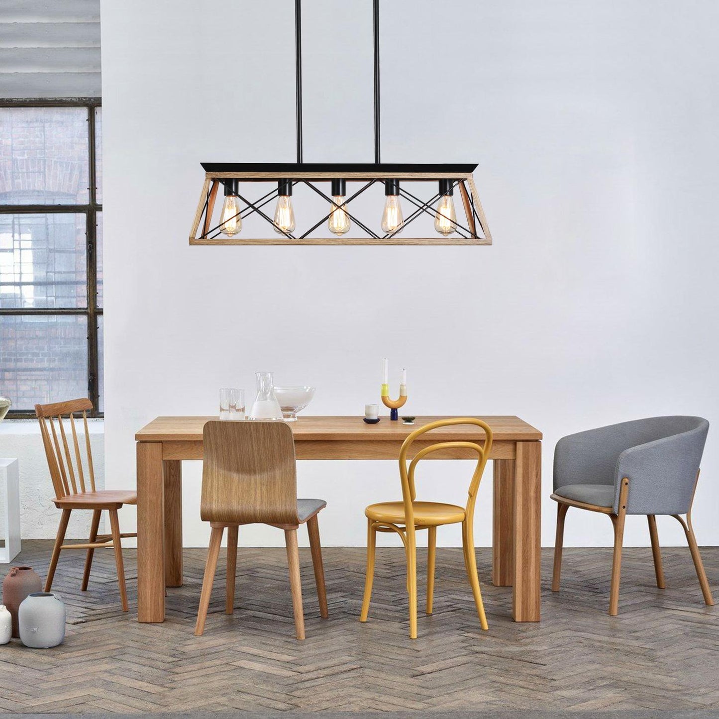 (Same as W134067497/L1002) 32" Oak Industrial 5-Light Pendant Chandelier, Modern Metal Cage Design, Adjustable Hanging Light for Dining Room, Kitchen, Living Room (No Bulbs)