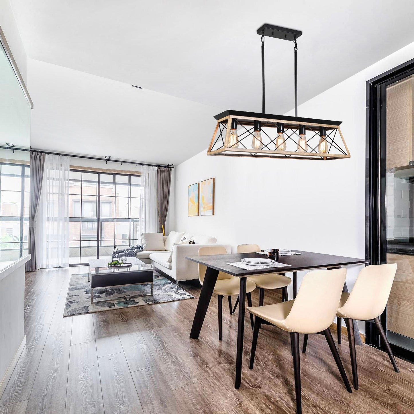 (Same as W134067497/L1002) 32" Oak Industrial 5-Light Pendant Chandelier, Modern Metal Cage Design, Adjustable Hanging Light for Dining Room, Kitchen, Living Room (No Bulbs)