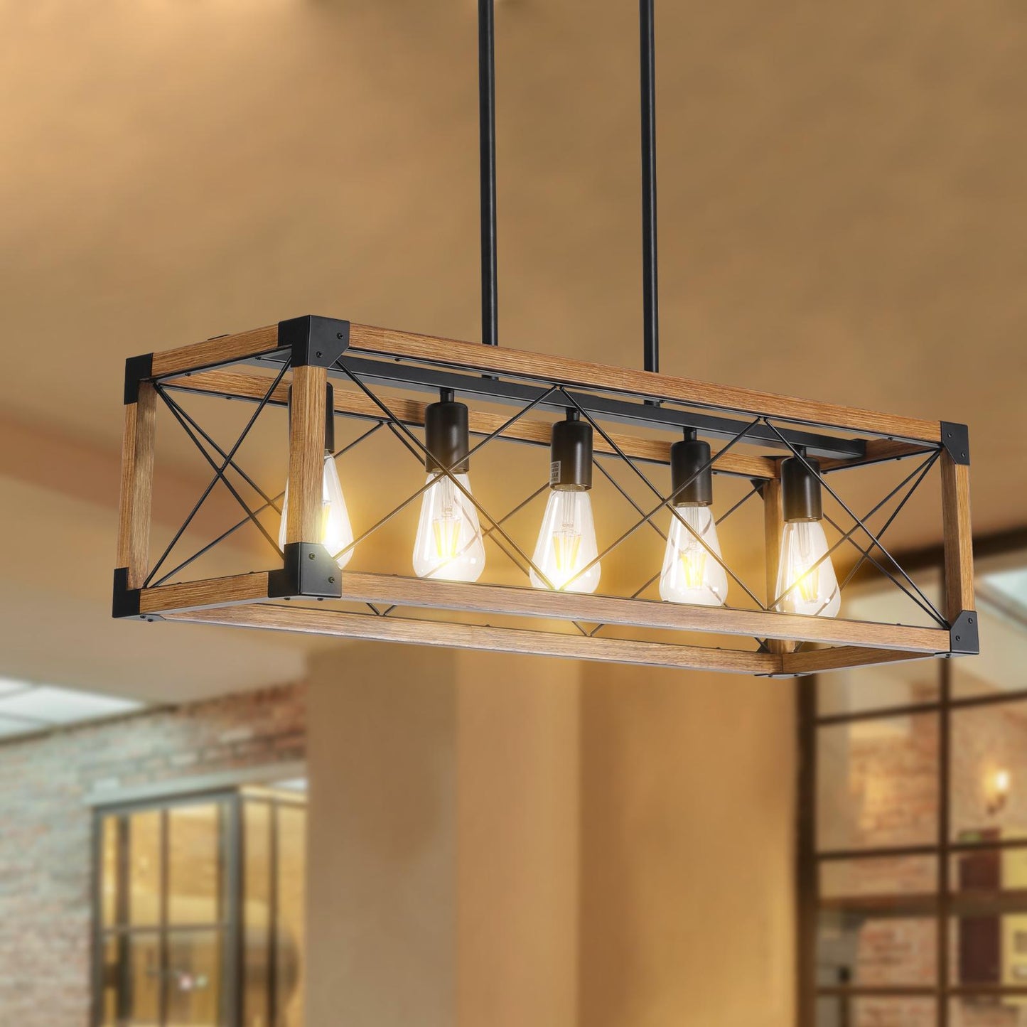 (Same as W1340111207/L1011) 32" Walnut Industrial Farmhouse Rectangle Pendant Light, 5-Light Chandelier for Dining Room, Kitchen Island, Cafe Decor (No Bulbs)