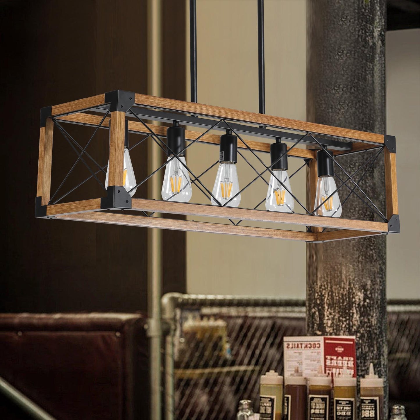 (Same as W1340111207/L1011) 32" Walnut Industrial Farmhouse Rectangle Pendant Light, 5-Light Chandelier for Dining Room, Kitchen Island, Cafe Decor (No Bulbs)