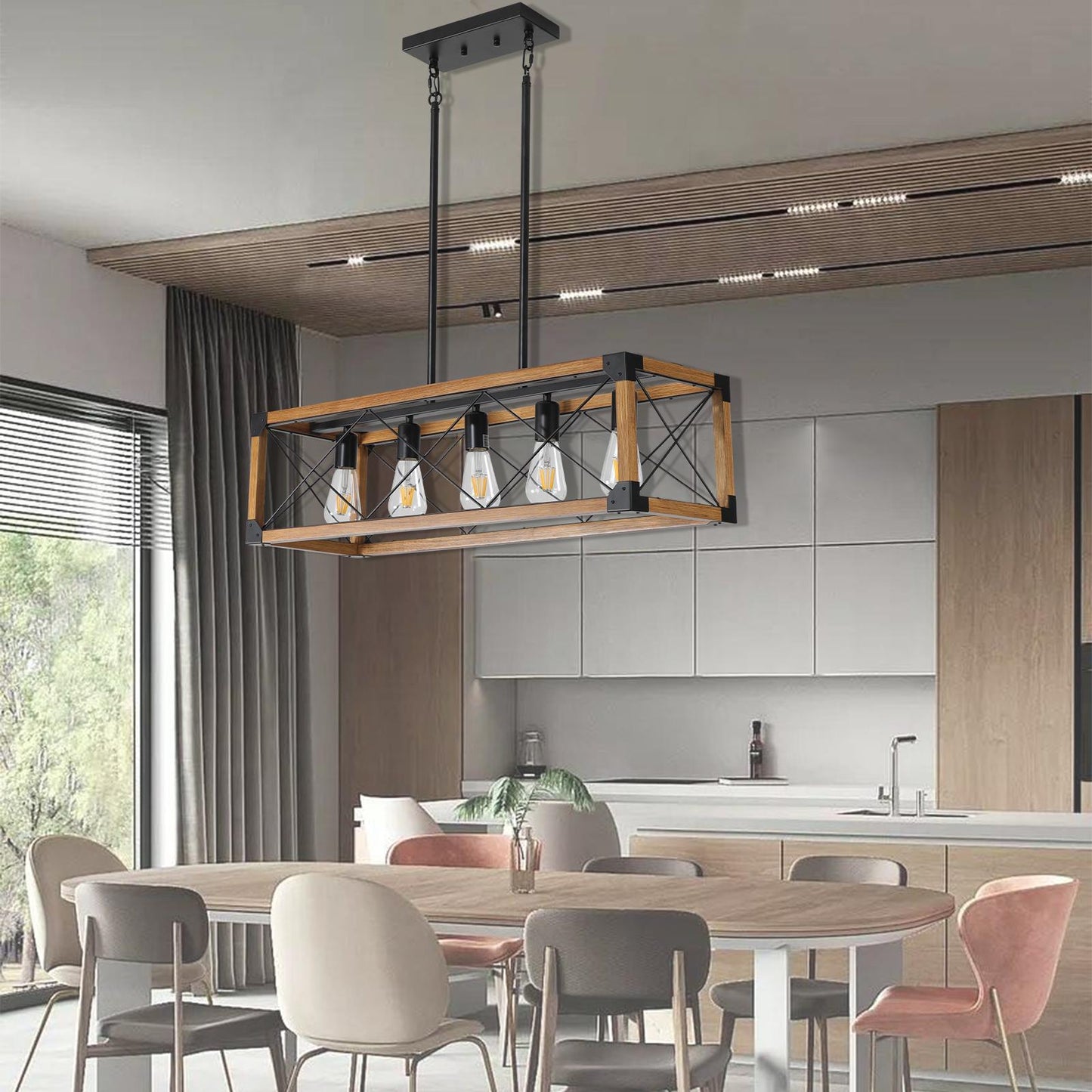 (Same as W1340111207/L1011) 32" Walnut Industrial Farmhouse Rectangle Pendant Light, 5-Light Chandelier for Dining Room, Kitchen Island, Cafe Decor (No Bulbs)
