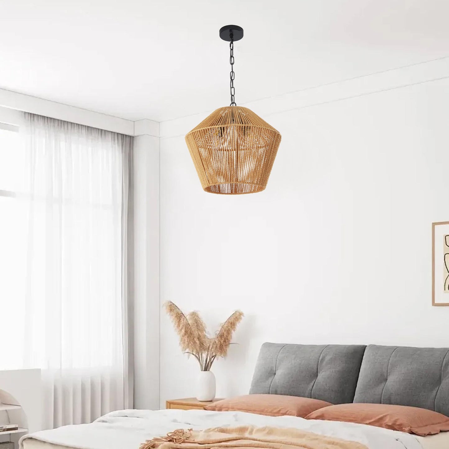 17" Boho Hemp Rope Pendant Light, Handcrafted Farmhouse Hanging Light Fixture for Kitchen Island, Dining Room, or Bedroom, Natural Finish, Adjustable Height (Bulb Not Included)