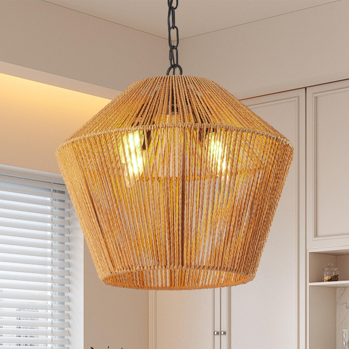 17" Boho Hemp Rope Pendant Light, Handcrafted Farmhouse Hanging Light Fixture for Kitchen Island, Dining Room, or Bedroom, Natural Finish, Adjustable Height (Bulb Not Included)