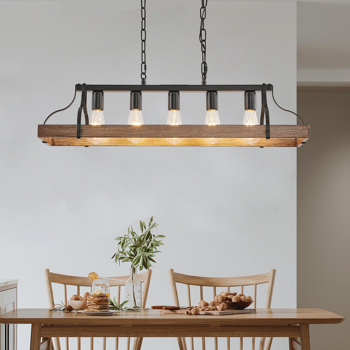 34-Inch Black and Walnut Wood Grain Pendant Light, 5 E26 Bulb Sockets, Adjustable Chain Height – Modern Farmhouse Chandelier for Dining Room, Kitchen, or Living Room (Bulb Not Included)