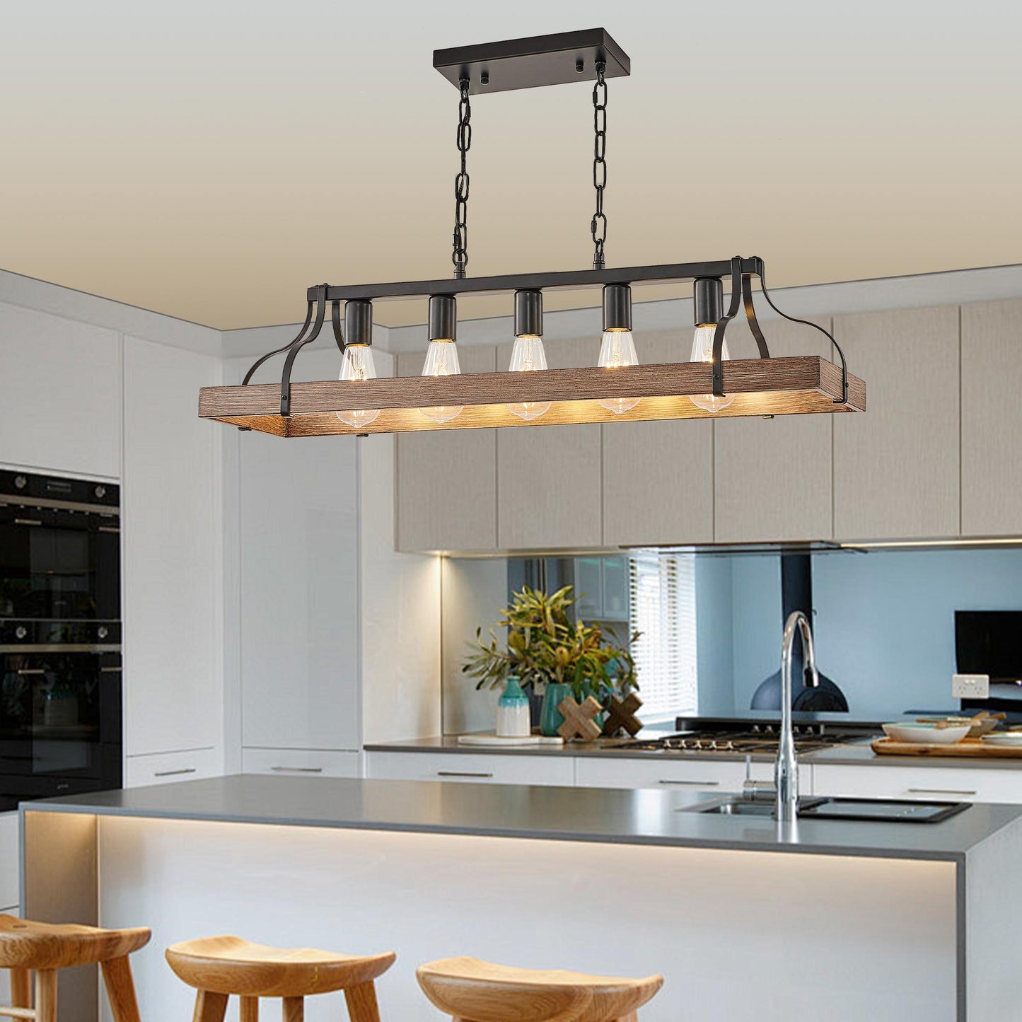 34-Inch Black and Walnut Wood Grain Pendant Light, 5 E26 Bulb Sockets, Adjustable Chain Height – Modern Farmhouse Chandelier for Dining Room, Kitchen, or Living Room (Bulb Not Included)