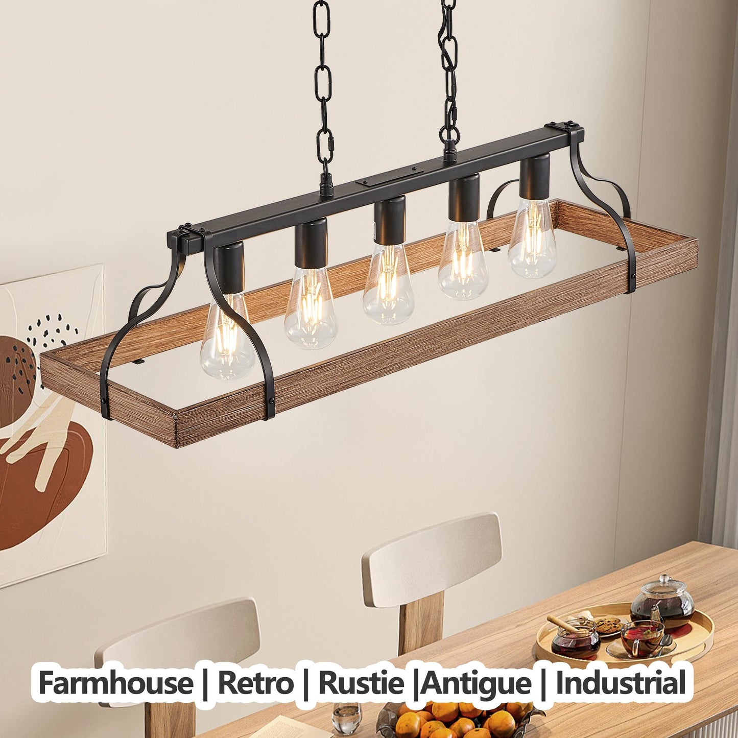34-Inch Black and Walnut Wood Grain Pendant Light, 5 E26 Bulb Sockets, Adjustable Chain Height – Modern Farmhouse Chandelier for Dining Room, Kitchen, or Living Room (Bulb Not Included)