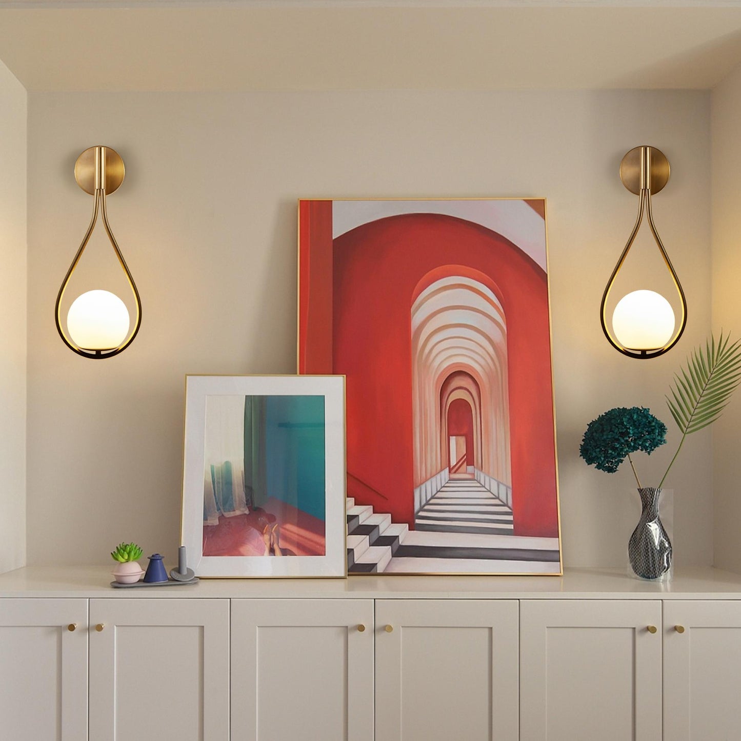 19" Set of 2 Modern Golden Wall Sconces with Opal Glass Globe, Mid-Century Design, Luxury Wall Lights for Bedroom, Living Room, Hallway (No Bulb)