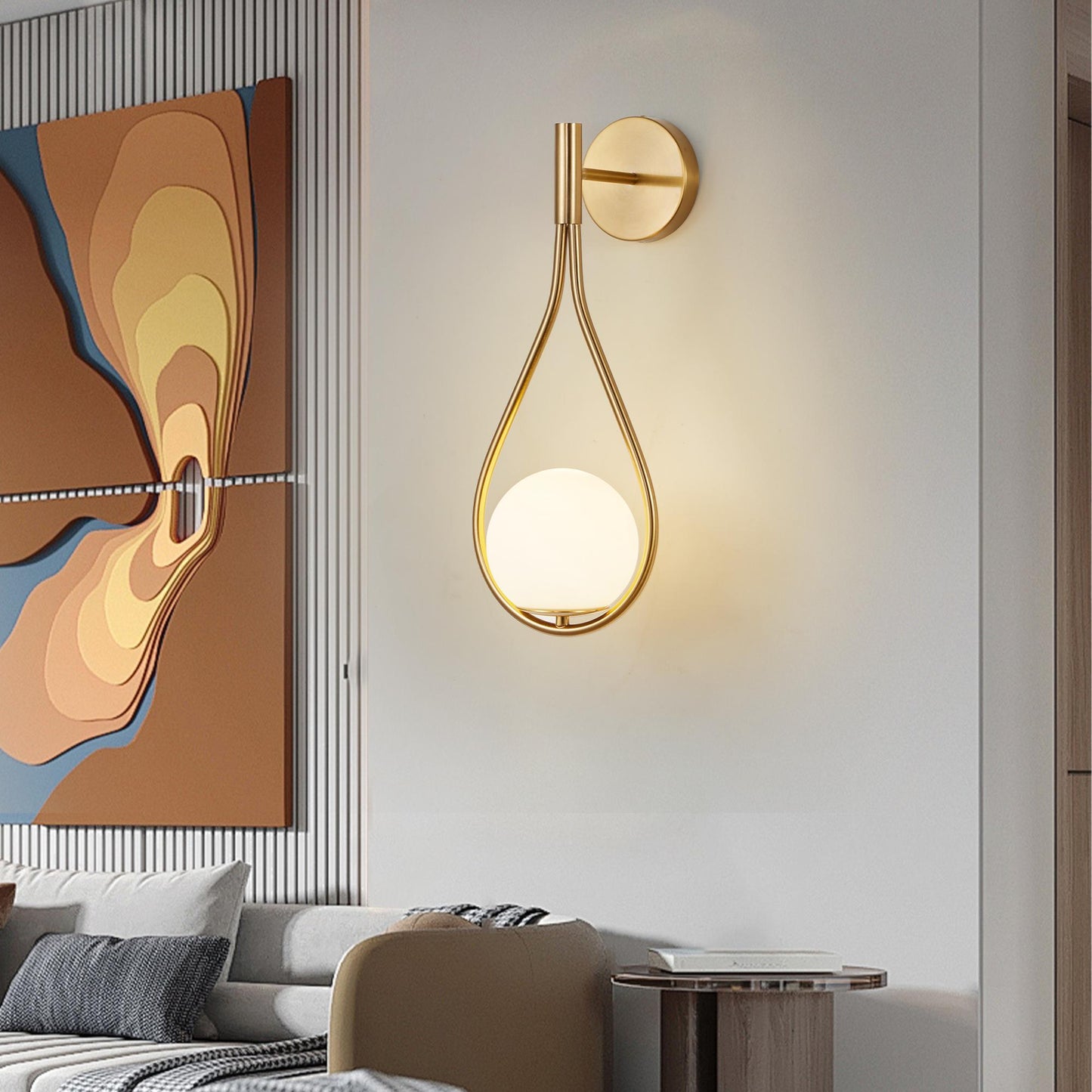 19" Set of 2 Modern Golden Wall Sconces with Opal Glass Globe, Mid-Century Design, Luxury Wall Lights for Bedroom, Living Room, Hallway (No Bulb)