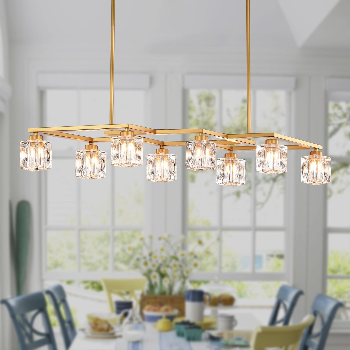 Crystal Chandelier for Dining Room, 8-Light Kitchen Chandelier Light Fixture Modern Metal Industrial Chandeliers for Farmhouse Entryway Living Room--Matte Gold (8*G9 Bulbs Included)