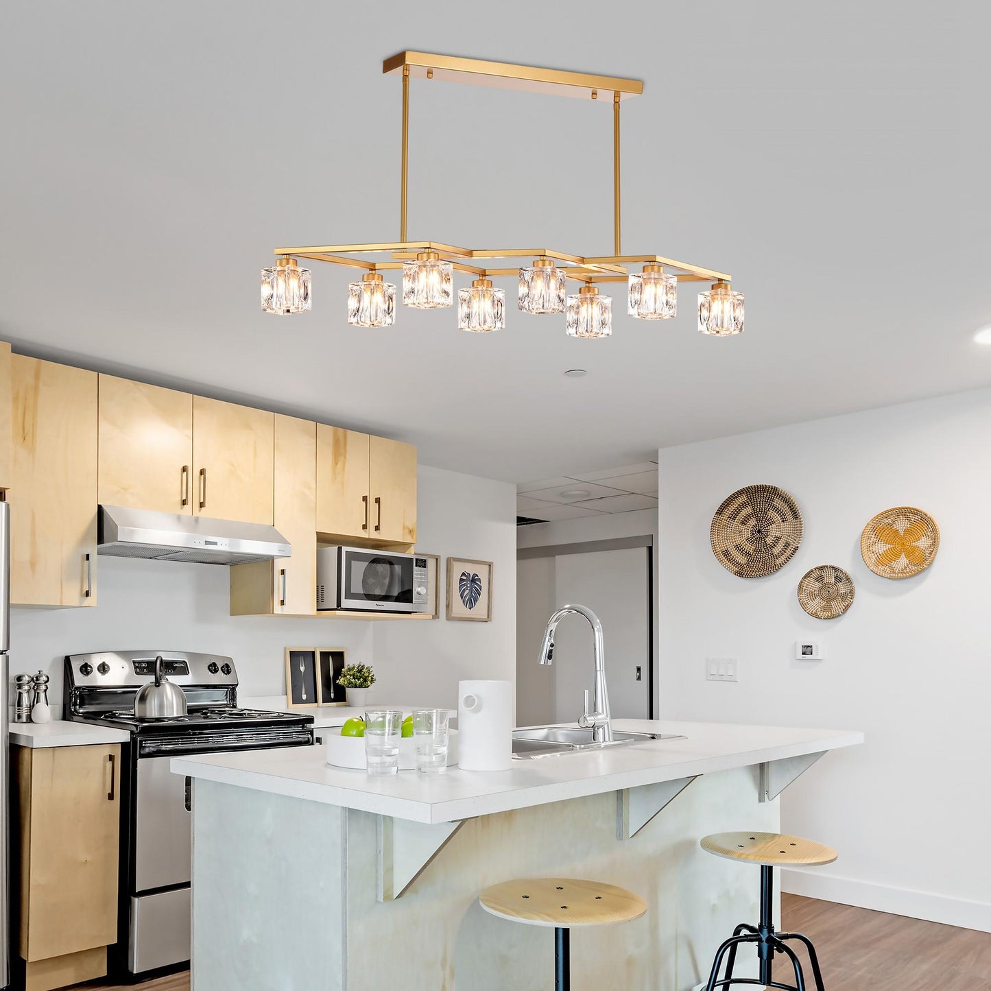 Crystal Chandelier for Dining Room, 8-Light Kitchen Chandelier Light Fixture Modern Metal Industrial Chandeliers for Farmhouse Entryway Living Room--Matte Gold (8*G9 Bulbs Included)