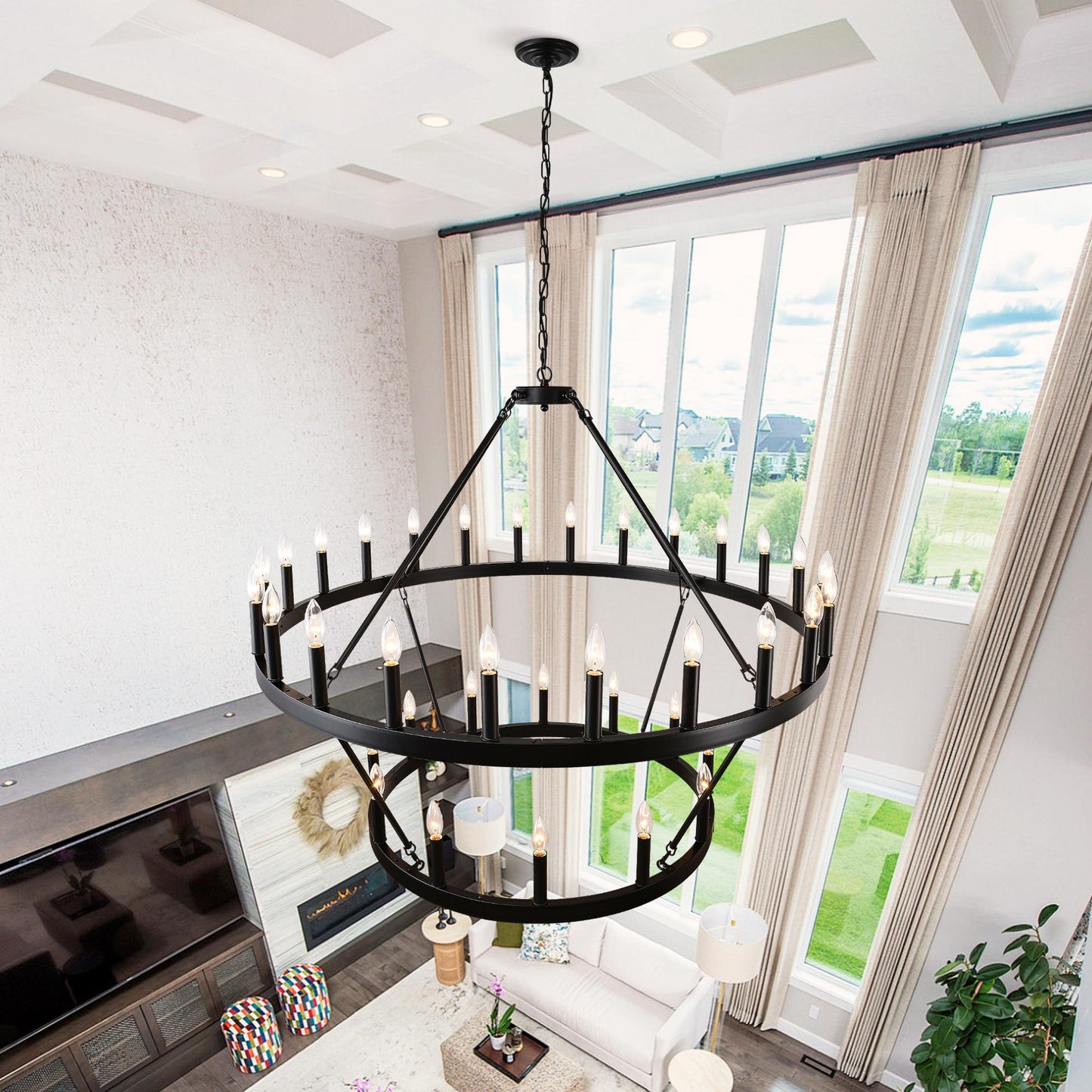 2 Tiers Wagon Wheel Chandelier Wooden Farmhouse 36-Light(24+12) or (12+24 ), Black Metal Chandeliers 2-Story Light Fixtures Industrial for High Ceiling Living Dining Room Foyer. Adjustable Height