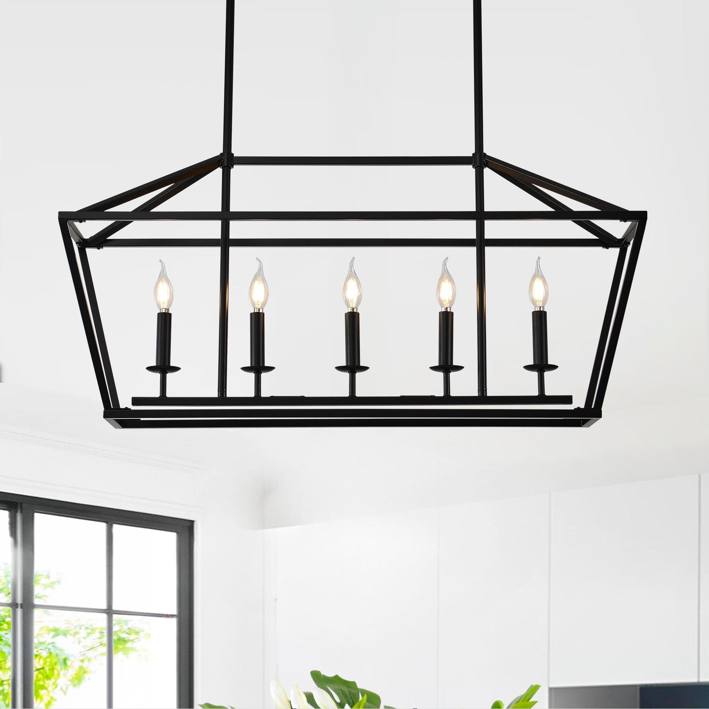 5-Light Farmhouse Kitchen Island Lighting,5 Light Industrial Linear Chandelier for Dining Room Metal Matte Black Finish Hanging Pendant Light Fixture for Bedroom Living Room Hallway Conference Room