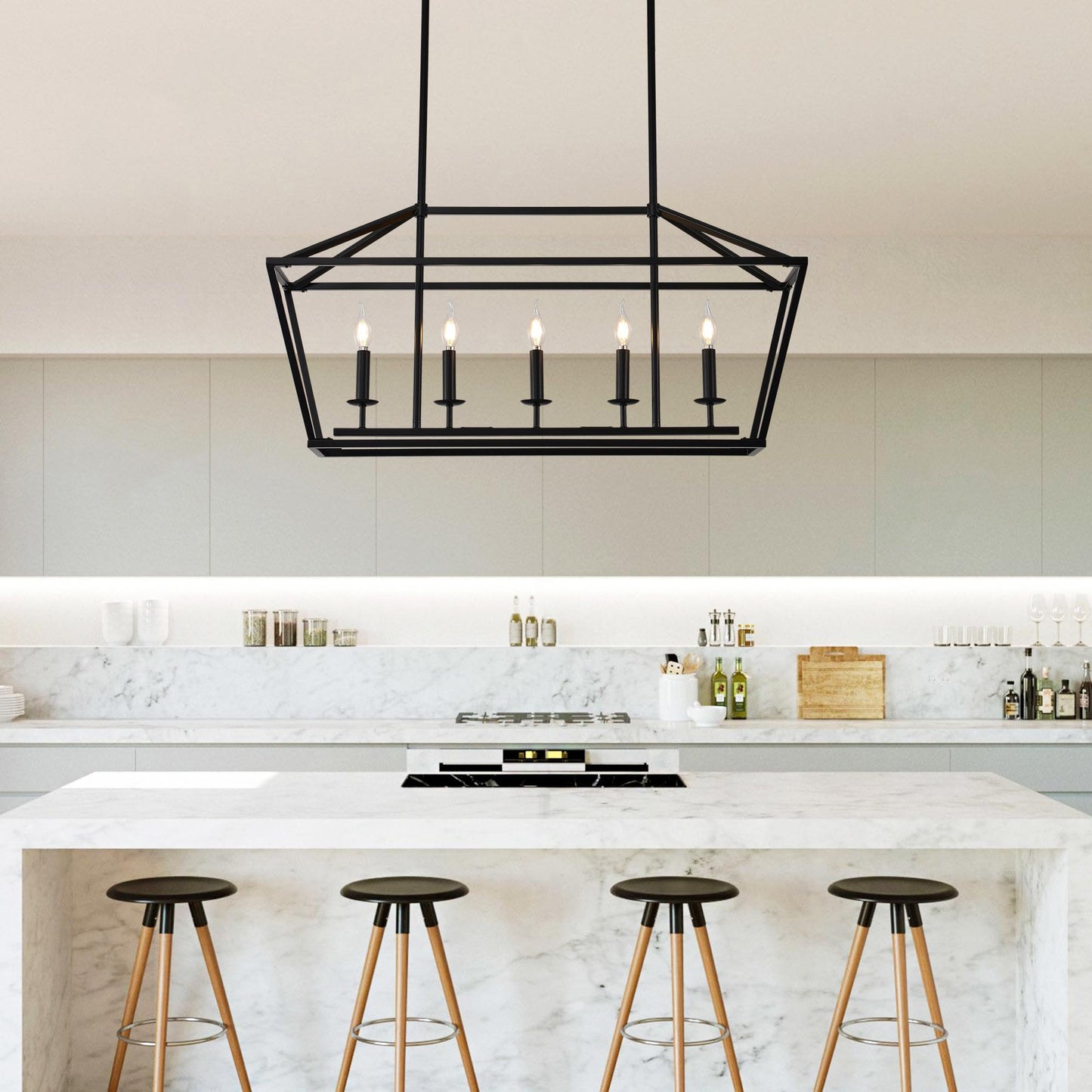 5-Light Farmhouse Kitchen Island Lighting,5 Light Industrial Linear Chandelier for Dining Room Metal Matte Black Finish Hanging Pendant Light Fixture for Bedroom Living Room Hallway Conference Room