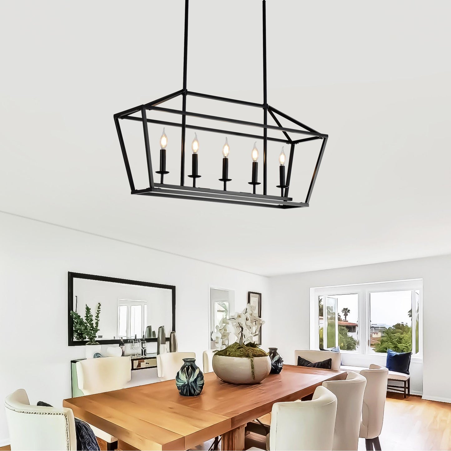 5-Light Farmhouse Kitchen Island Lighting,5 Light Industrial Linear Chandelier for Dining Room Metal Matte Black Finish Hanging Pendant Light Fixture for Bedroom Living Room Hallway Conference Room