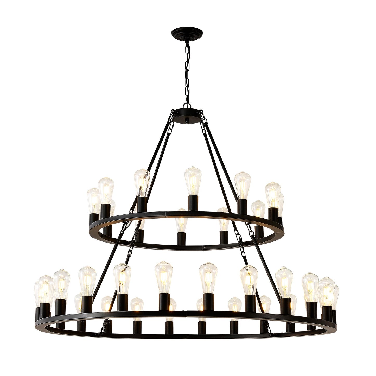 48 Inch Black Extra Large Wagon Wheel Chandelier, 2 Tier 36-Lights(No Include) Farmhouse Industrial Round High Ceiling Pendant Light Adjustable Chain, for Dining Room, Living Room,Kitchen