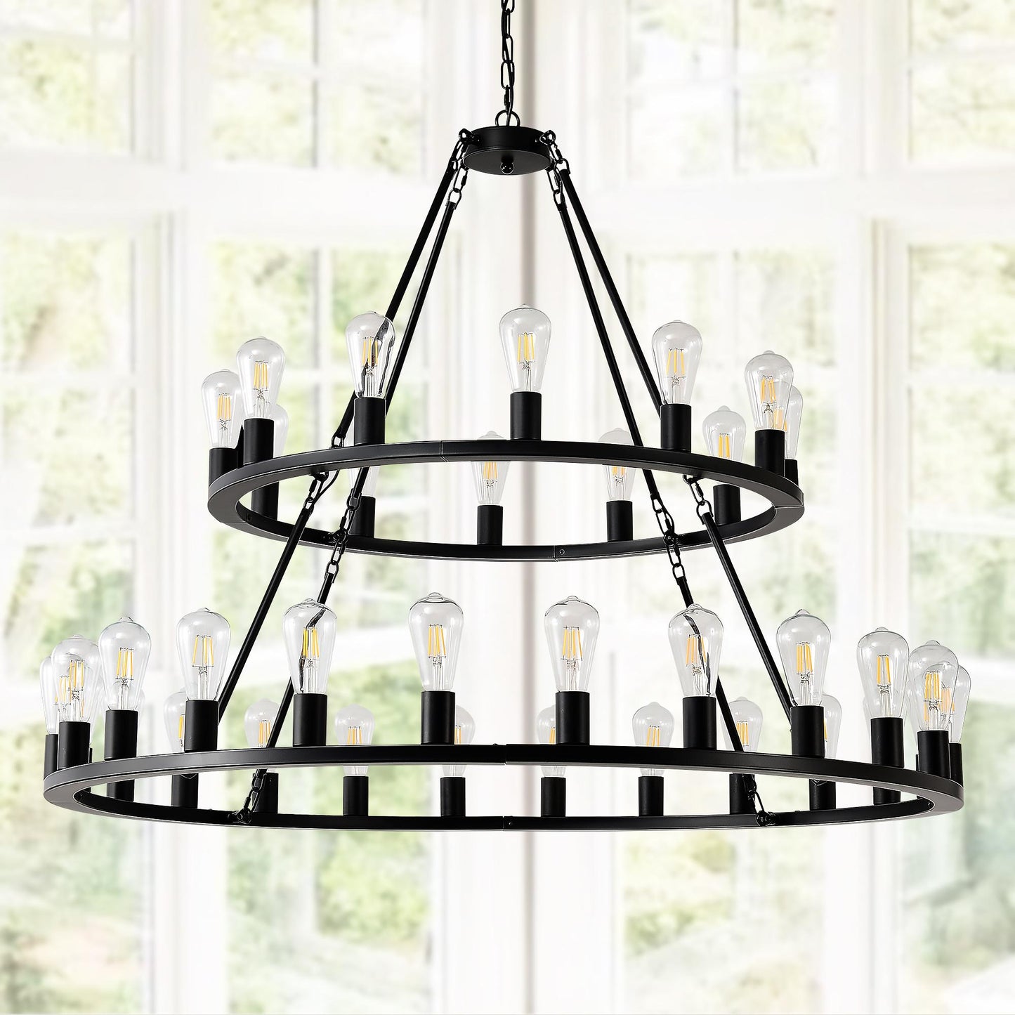 48 Inch Black Extra Large Wagon Wheel Chandelier, 2 Tier 36-Lights(No Include) Farmhouse Industrial Round High Ceiling Pendant Light Adjustable Chain, for Dining Room, Living Room,Kitchen