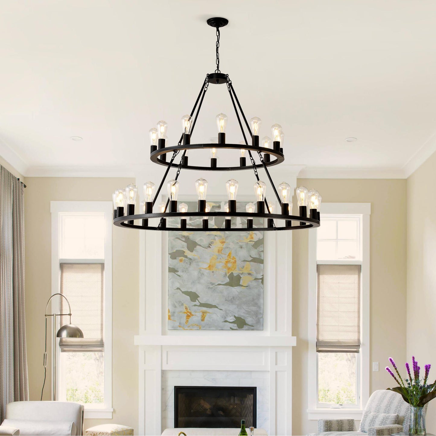 48 Inch Black Extra Large Wagon Wheel Chandelier, 2 Tier 36-Lights(No Include) Farmhouse Industrial Round High Ceiling Pendant Light Adjustable Chain, for Dining Room, Living Room,Kitchen