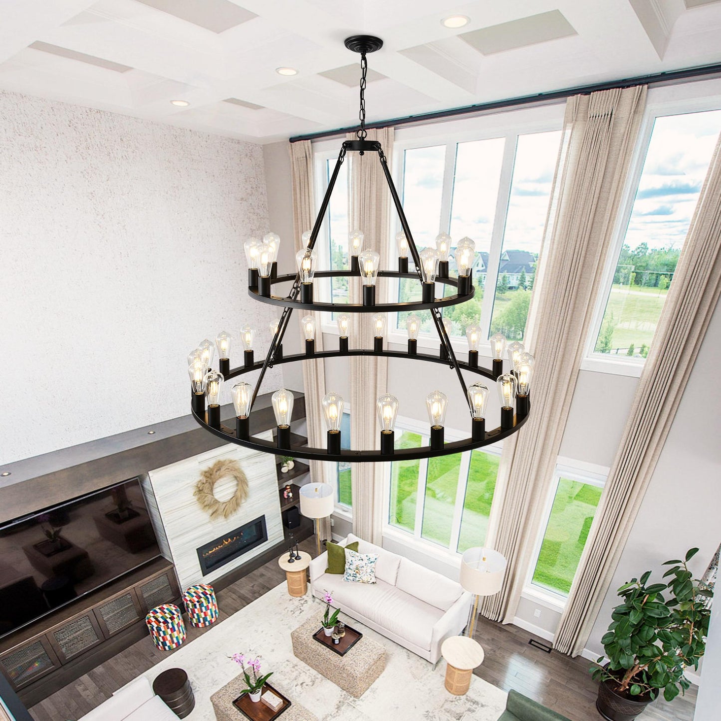 48 Inch Black Extra Large Wagon Wheel Chandelier, 2 Tier 36-Lights(No Include) Farmhouse Industrial Round High Ceiling Pendant Light Adjustable Chain, for Dining Room, Living Room,Kitchen