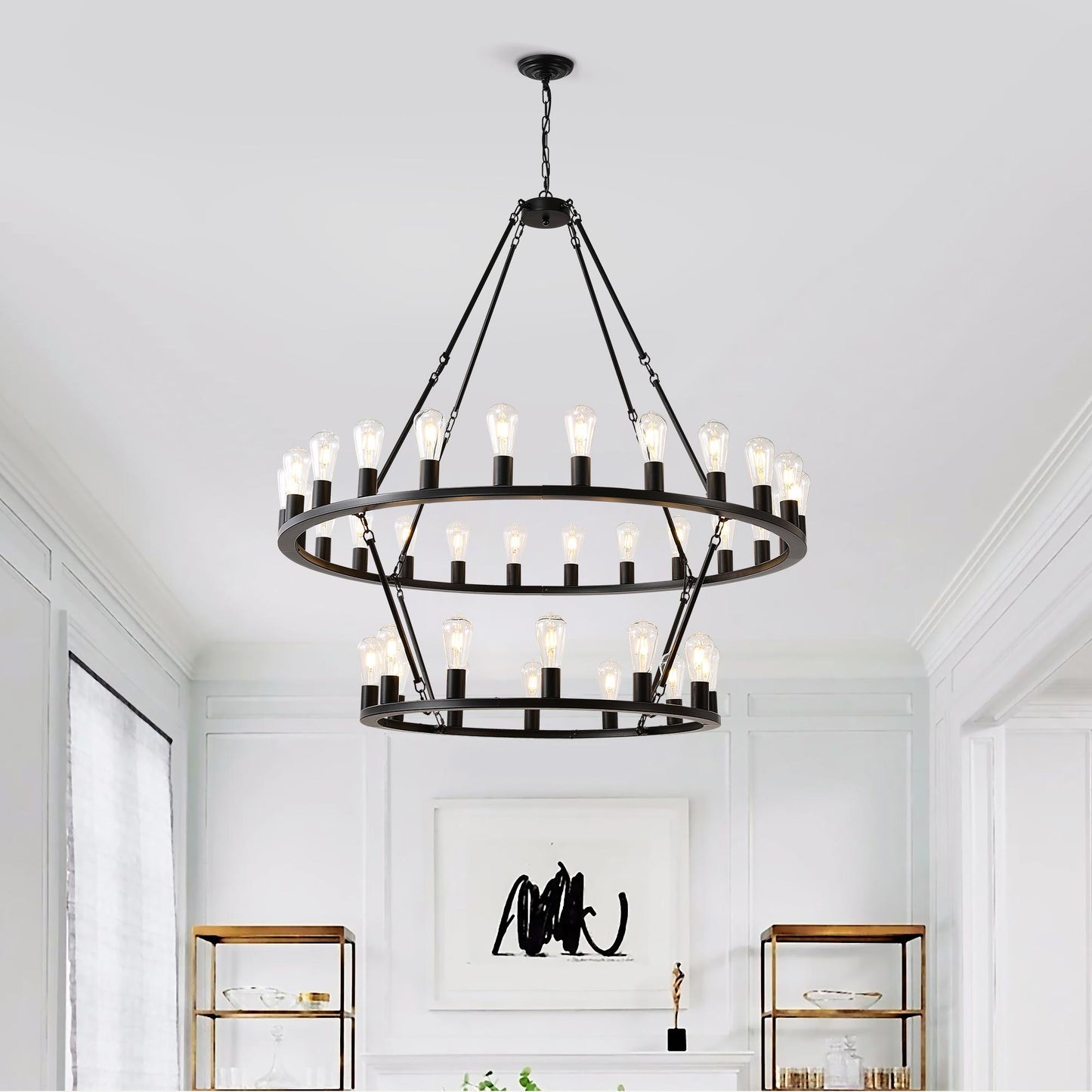 48 Inch Black Extra Large Wagon Wheel Chandelier, 2 Tier 36-Lights(No Include) Farmhouse Industrial Round High Ceiling Pendant Light Adjustable Chain, for Dining Room, Living Room,Kitchen