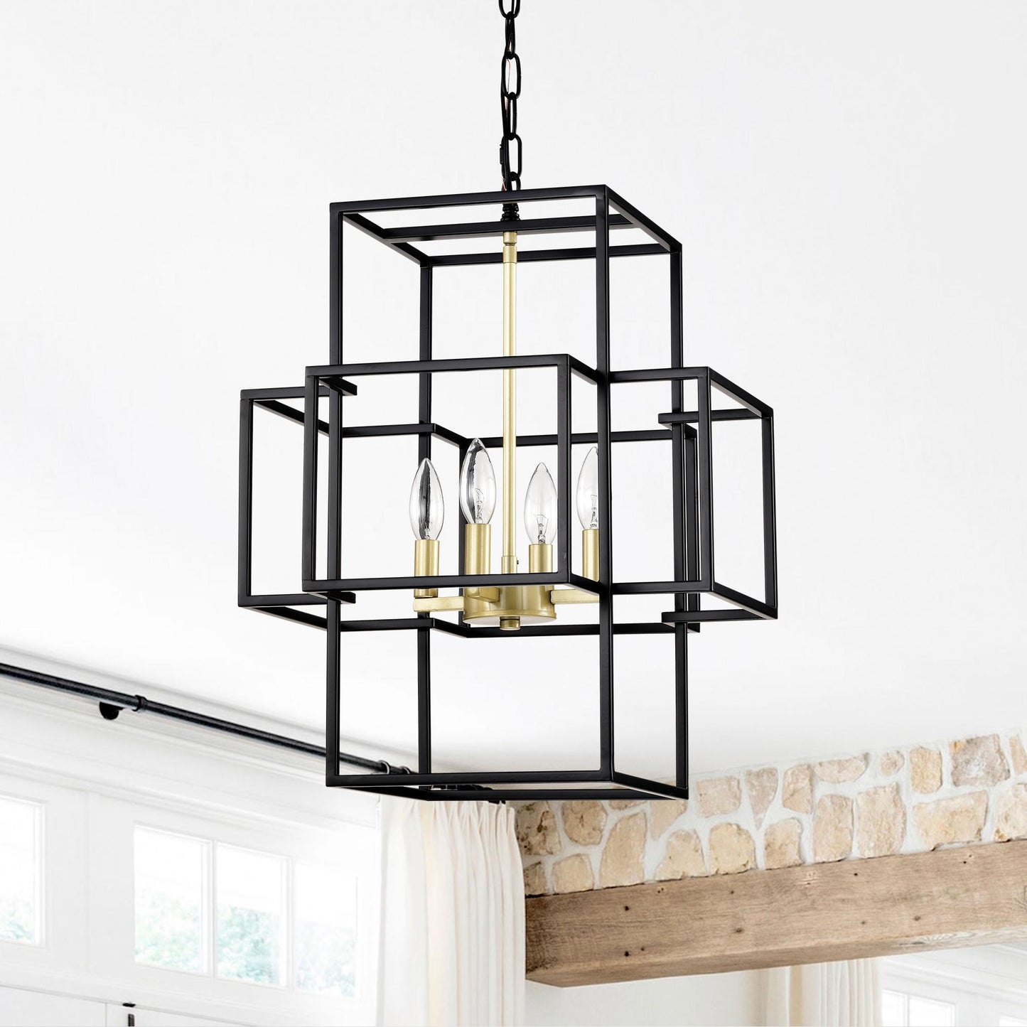4-Light Metal Lantern Tiered Pendant Hanging Light Fixtures, Industrial Farmhouse Adjustable Height Chandeliers for Dining Room Hallway Foyer Entryway--Matte Black & Gold (E12 Bulbs Not Included)