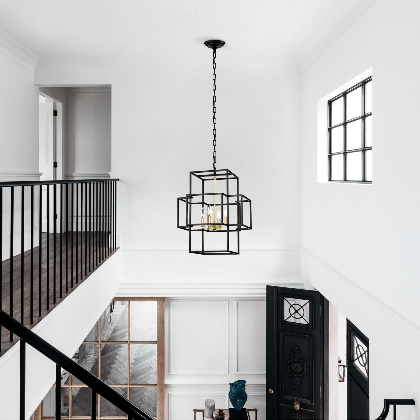 4-Light Metal Lantern Tiered Pendant Hanging Light Fixtures, Industrial Farmhouse Adjustable Height Chandeliers for Dining Room Hallway Foyer Entryway--Matte Black & Gold (E12 Bulbs Not Included)