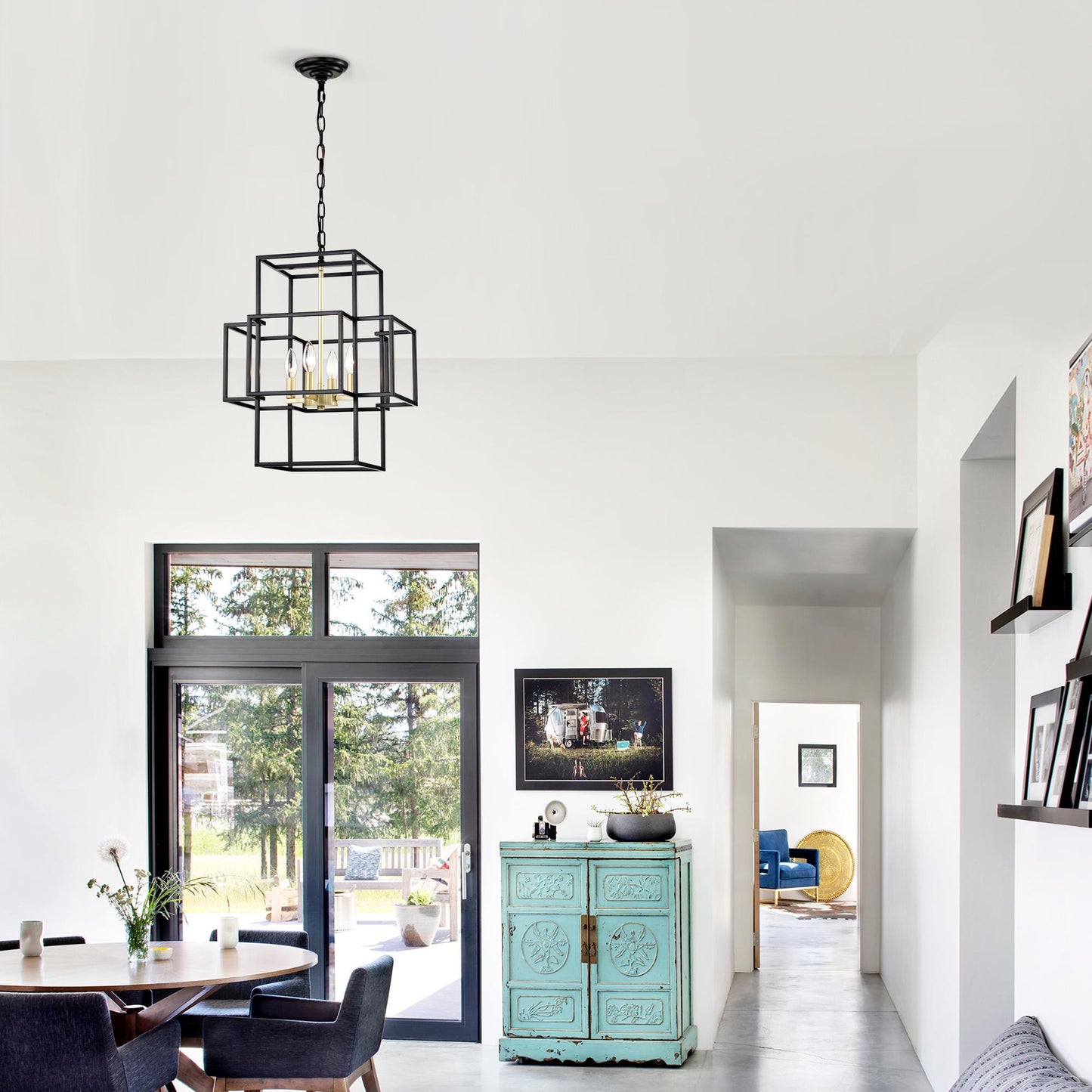 4-Light Metal Lantern Tiered Pendant Hanging Light Fixtures, Industrial Farmhouse Adjustable Height Chandeliers for Dining Room Hallway Foyer Entryway--Matte Black & Gold (E12 Bulbs Not Included)