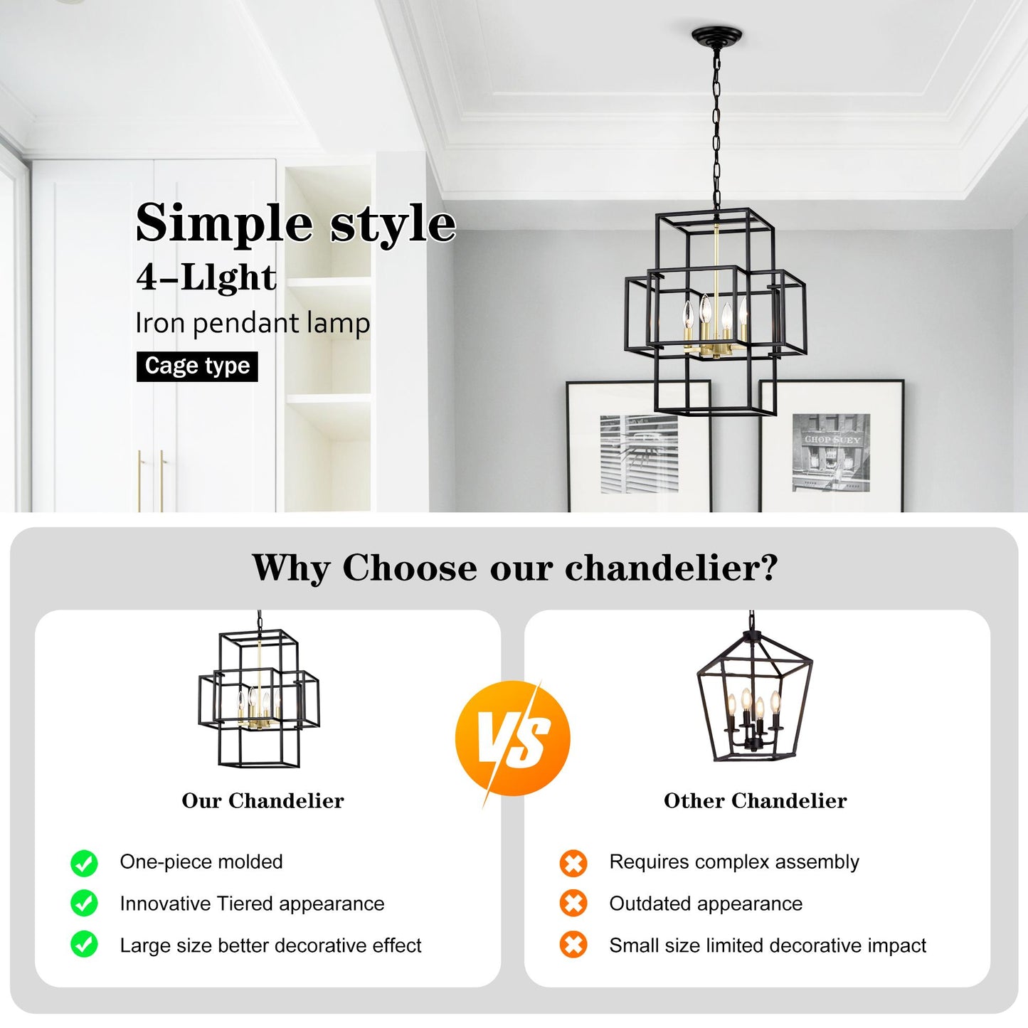4-Light Metal Lantern Tiered Pendant Hanging Light Fixtures, Industrial Farmhouse Adjustable Height Chandeliers for Dining Room Hallway Foyer Entryway--Matte Black & Gold (E12 Bulbs Not Included)