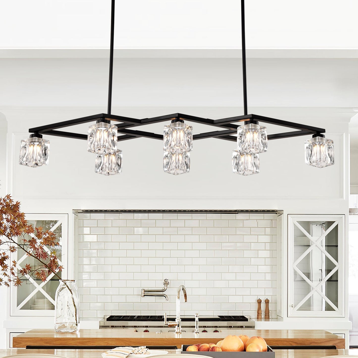 Matte Black Crystal Chandelier for Dining Room, 8-Light Kitchen Chandelier Light Fixture Modern Metal Industrial Chandeliers for Farmhouse Entryway Living Room (8*G9 Bulbs Included)